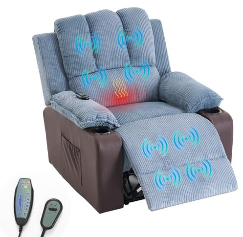 Grey Recliner Chair Electric Recliner Armchair Jumbo Cord Fabric Massage Heated Reclining Chairs with Side Pocket and Remote Control for Home, Living Room