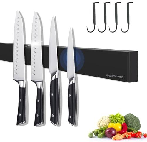 Magnetleiste Messer, Messerhalter Magnetisch aus Edelstahl mit Extra Starkem Magnet, 59CM Schwarz Messer Halterung Messerleiste Magnetisch Selbstklebend oder Bohren mit 4 Haken