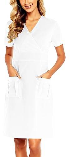 MJIQING Damen Krankenschwester uniform V-Ausschnitt Kurzarm Knielang Krankenschwester Kleider Einfarbiges Uniformkleid Damen Pflege Arbeitskleid Midikleid Tunika mit Taschen adventskalender Frauen