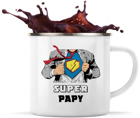 Planetee Tasse métallique Super Papy | Mug Émaillé Métal Timbale Camping et Randonnée Famille Papi Grand-Père Cadeau Noël Anniversaire Homme