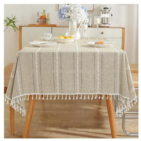 Lieson Rechteckige Tischdecke 90x140 cm, Polyester Tischwäsche Abwaschbar Streifen mit Quasten Tischtuch für Küchentisch und Outdoor Tischtuch, Khaki