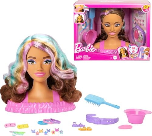 Barbie-Puppe Styling-Kopf, dunkelbraunes Haar mit mehr als 20 Styling-Zubehörteilen inklusive Stern, Schmetterling und Haarclips mit Farbwechsel, JFG82