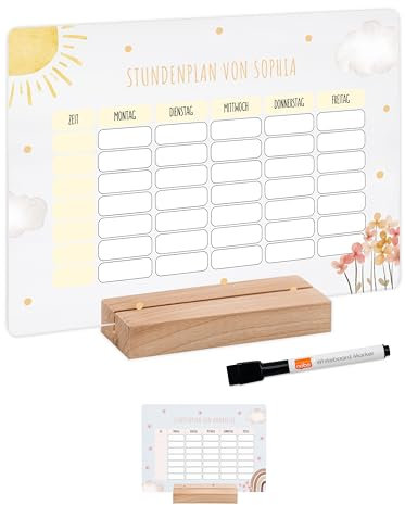Bärenfreunde - Personalisierbarer & Abwaschbarer Stundenplan aus Acryl + Stift, Holzhalter - Einschulung Geschenk, Schultüte zum Schulanfang oder Grundschule (Blumen Sonne,ohne Holzhalter)