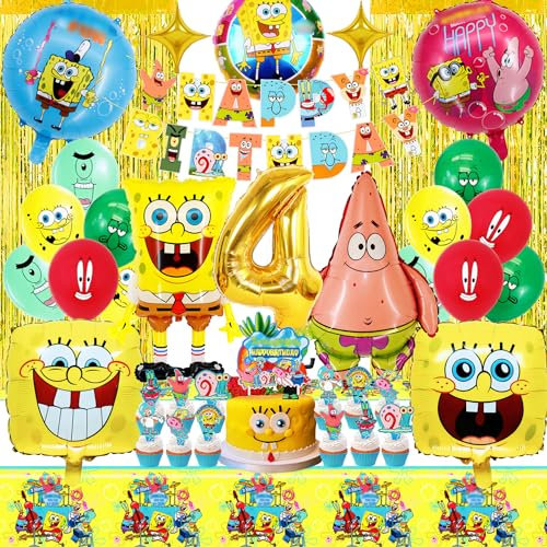 Spongebo Folienballon Geburtstagsdeko 4 Jahre, 39 Stück Spongebo Party Deko mit Glitzervorhang,Tischtücher, Happy Birthday Girlande und Kuchendeko,Geburtstagsüberraschung für Jungen und Mädchen