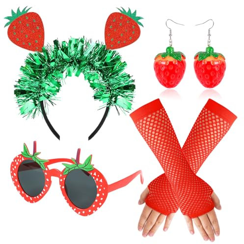 HOWAF Erdbeer Kostüm Damen, Erdbeer Haarreif Erdbeer Hut Haarschmuck, Erdbeer Brille, Erdbeer Ohrringe, Handschuhe für Erdbeere Kostüm, Halloween Kostüm, Fasching Kostüm, Karneval Kostüm