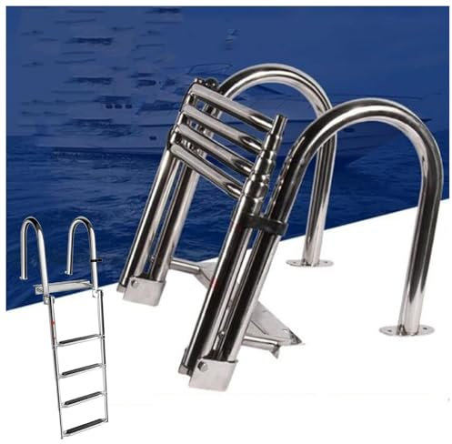 CAFIEDR 4 Step Portable Boat Ladder, Stainless Steel Folding Telescopic Ladder, Heavy Duty Swim Deck Ladder W/Handrails, Dock Ladder Pool Platform