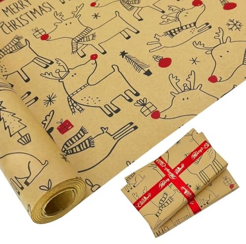 Geschenkverpackungspapierrolle für Weihnachten: Große Größe 76cm x 12M recycelbares Kraftpapier gedruckt mit Elch für Geschenkdekoration
