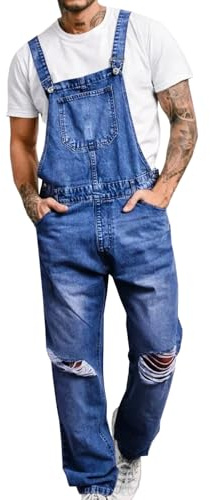 Runcati Men's Distressed Jean Denim Overall Vintage 90s Fashion Jumpsuit | Ripped, Loose Fit