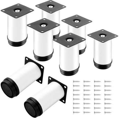 ASelected Lot de 8 Pieds Réglables Meubles Blanc, Ø 50 mm/Hauteur 100 mm Pieds de Canapé en Métal Acier Inoxydable, Pied de Table Basse pour Meubles TV Armoires Lits Postes de Travail, avec 32 Vis