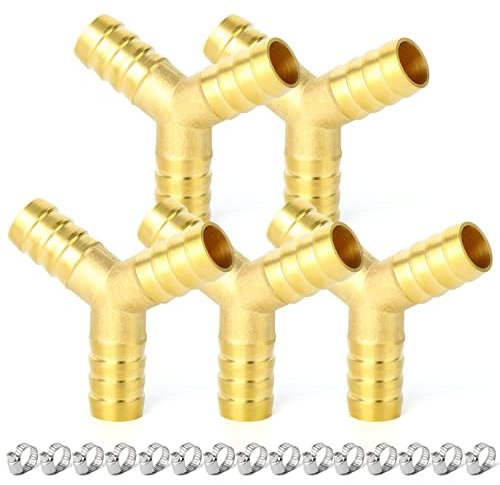 ERGAOBOY 5 Pcs 8mm Brass Hose Nozzle, 3 Way Y Shaped Hose Fitting with 15 Pcs Clamps