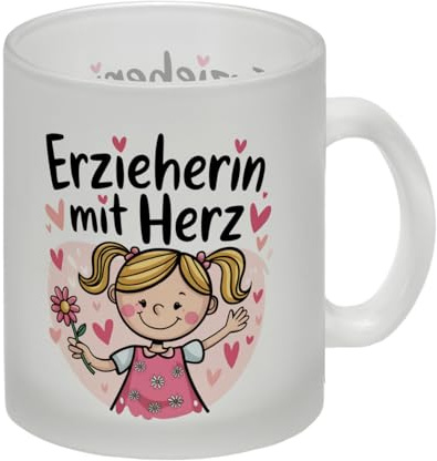 Fröhliches Cartoon-Mädchen - Erzieherin mit Herz Glas Tasse Cartoon-Mädchen mit blonde Haare im pinken Kleid Blumenmotiv und Herzsymbole für Erzieherin