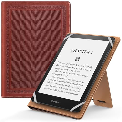 MoKo Funda universal para Kindle eReaders Fire, 15.2-17.8 cm, piel sintética, correa de mano/soporte, sarga vintage