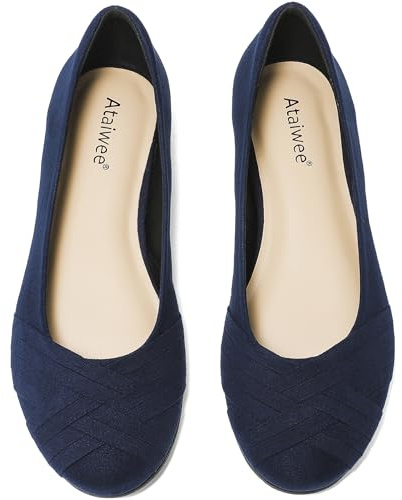Ataiwee Women's Wide Width Flats Shoes - Elegant Slip-on Ballet Flats with Solid Color Round Toe Design.(1910002-2412, BL/MF, UK6.5 Wide)