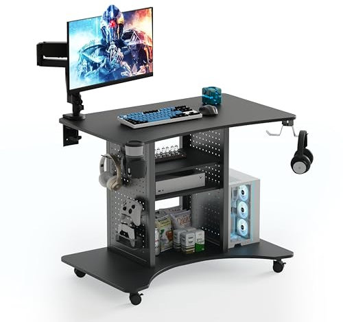 EUREKA ERGONOMIC Scrivania, scrivania per computer con ruote, scrivania piccola con 4 ruote a 360°, 94 x 59 x 75 cm, mobile workstation, adatta per soggiorno, camera da letto, studio, con spazio di