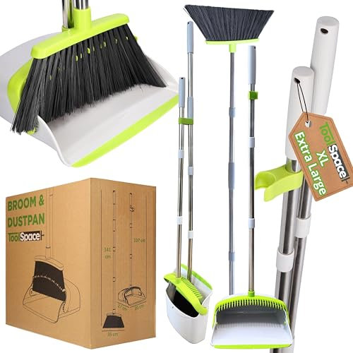 ToolSpace XL Kit Balai et Pelle à Poussière Pelle et Balayette avec Long Manche Réglable Set de Balayage Vertical avec Peigne Broom Dustpan pour Nettoyage des Sols Extérieur Jardin Intérieur Cuisine