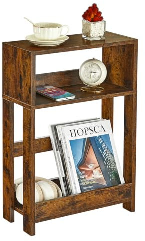 ZEXVIDA Narrow Side Table with Storage Shelf, 3-Tier Slim End Table & Nightstand for Bedroom, Living Room, Sofa Side Table for Small Spaces (Rustic Brown)