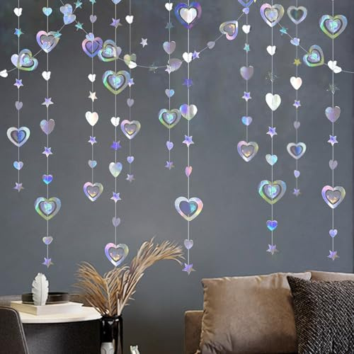 50 Ft Iridescent Heart Paper Garland, Holographic Rainbow Decoration 5 Pack | Glitter Star and 3D Hanging Design for Birthday, Wedding, Anniversary, Disco Party and Christmas