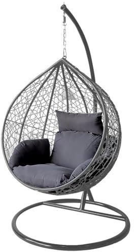 Alivio Rattan Hanging Egg Chair - Large Basket Chair with Cushions, Swing Egg Chair for Indoor Outdoor Patio Garden 203 x 118cm, Weather Resistant Free Standing Egg Chair (Grey)