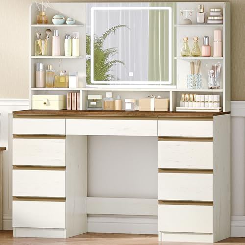 Hzuaneri Große Schminktisch mit LED-Beleuchtung, Weiß-Gold | Schminktisch mit Spiegel, 9 Schubladen, 9 Offenen Ablagen, Moderner Stil, 3 Farben, Helligkeitsregulierung, DT41903X