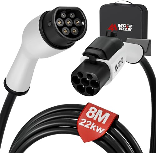 MCEVKELN Verlängerung für Ladekabel Elektrofahrzeug Typ 2 22kW |32A 3Phase | 8M Verlängerungskabel mit Schloss für Hybrid & Elektroauto IEC62196-2, Ladeverlängerungskabel Typ 2, Weißer Stecker