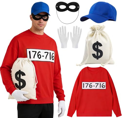 Yi'antai Panzerknacke Kostüm, Räuber Dieb Kostüm, Herren Banditen Bande Verkleidung, Fasching Kostüme mit Maske Handschuhe Geldbeutel MÜTZE, Karneval Kostüme für Herren Damen
