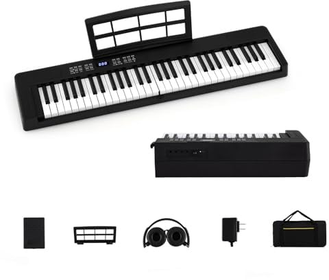 KOMFOTTEU Digitales Klavier 61 Tasten faltbar (Schwarz) | Keyboard Piano mit Kopfhörer, Pedal, Notenständer, 128 Sounds & Rhythmen mit Tasche