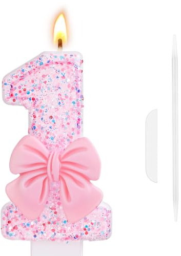 AYBUY Birthday Candles, Glitter 1 Number Candle | Party Decorations, Pink Bow Happy Birthday Candle, Cake Topper for Boys Girls Kids Pink Theme, Party Supplies
