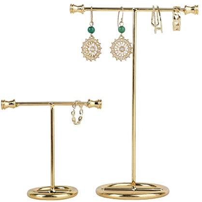 GemeShou 2 supports T-bar pour l'exposition d'oreilles, porte-oreilles pour bijoux en métal or, support T-bar pour magasin en ligne【Base ronde en or】