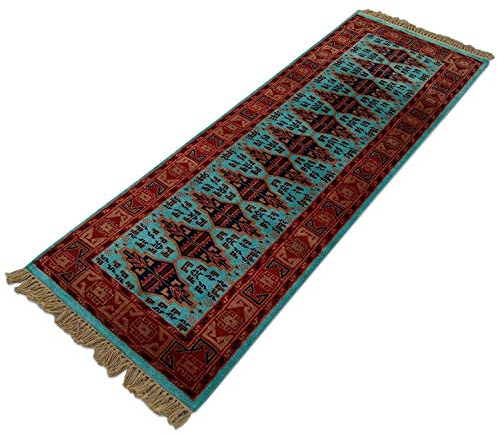 Amma Carpets Handgeknüpfter Teppichläufer aus Wolle, traditionell, handgefertigt, ca. 6 x 18 cm, Türkis