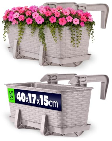 KADAX Jardinière Suspendue Extérieure 40 cm, Balconnière en Plastique Aspect Rotin avec Supports de Fixation Intégrés et Soucoupe (Caramel)