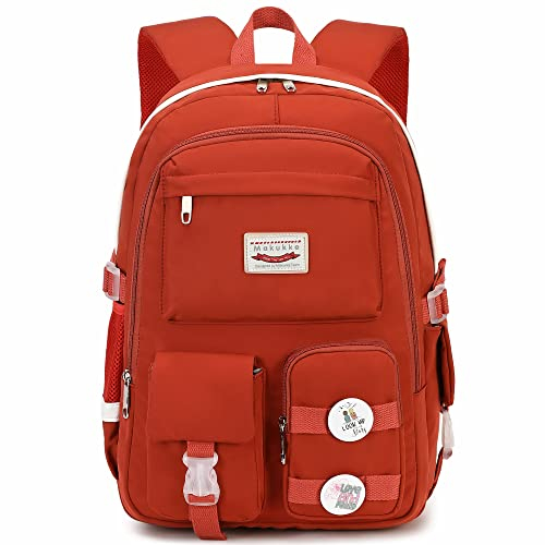 Makukke School Bags for Girls, Backpack Womens Waterproof Book Bags with Laptop Compartment & Anti Theft Casual Daypacks for Primary Junior High University (New-Red)