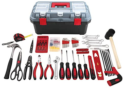 Apollo Tools 170 Pièces Boîte à outils de transport et outils essentiels pour le montage, l'entretien, la réparation et l'artisanat pour la maison, le bureau, le garage ou la route - Rouge -