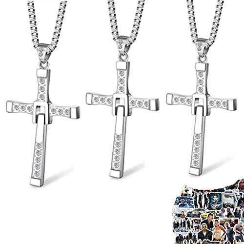 XHBTS 10 Stück Aufkleber und 3 Stück ersetzen Fast and Furious Dominic Torettos Kreuz Halskette Anhänger Vin Diesel Titan Stahl Halskette Herrenschmuck