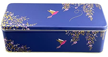 MediMuc Geschenkdose Design Sara Miller - Liebevoll gestaltete rechteckige Vorratsdose - Motiv exotischer Vogel - Blechdose, Keksdose, Dose - Maße: 24,0 x 10,0 x 7,0cm - Volumen ca. 1,68L