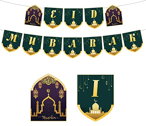 Eid Mubarak Ramadan Feier Dekoration,Eid Mubarak Banner Set- Ramadan Ammer Banner,Muslim Ramadan Party Gedruckt Zieh Flagge Mubarak Ammer Hängendes Banner für Haus Wand Tür Hof Hintergrund