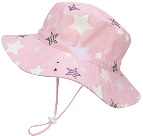 Foruhoo Mädchen Sonnenhüte UV Schutz, Baby Kinder Sommermützen Atmungsaktiver Breite Krempe mit Kordelzug (50, Rosa Sterne)