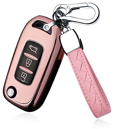 HIBEYO Coque de clé de voiture compatible avec Coque de clé pliante en silicone pour Sandero Stepway Logan Clio Arkana Captur Kadjar Étui de protection porte-clés 3 boutons Rose