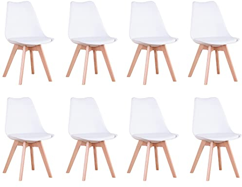 GrandCA HOME 8er-Set Esszimmerstühle, Bürostühle mit Beinen aus massiver Buche, Retro-Design, gepolsterte Stühle, Küchenstühle aus Holz, Weiß