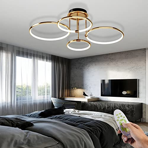 WERSVG Modern LED Deckenleuchte Wohnzimmerlampe Deckenlampe gold 4-Ring Deckenleuchte 85W 6800LM Dimmbar 3500K-6500K Mit Fernbedienung flurlampe decke, für Schlafzimmer Wohnzimmer Küche Esszimmer