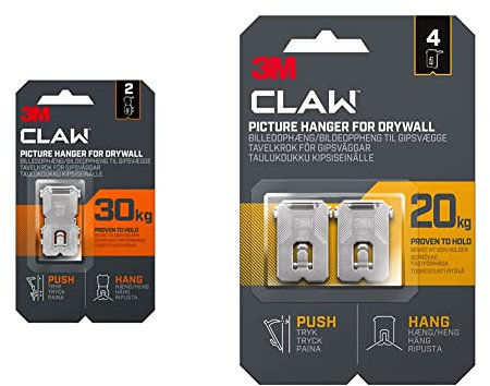3M Claw Plasterboard Picture Hanging Wall Hooks for Hanging Home Décor & CLAW Plasterboard Picture Hooks for Home Décor and picture hanging, 4 Hangers, Holds up to 20 kg - Ideal for Heavyweight Items