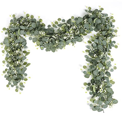 LOMOHOO 2 Pack Artificial Eucalyptus Garland Vines with White Flower,5.9ft Fake Silver Dollar Leaves Greenery Garlands Table Runner,Artificial Greenery Garland for Wedding Party Home Decor
