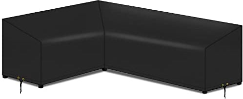 PATIO PLUS Housse de canapé de jardin en forme de L, imperméable, coupe-vent, anti-UV, tissu Oxford 420D pour canapé d'angle en rotin, 222 (gauche) x 286 (droite) x 82 x 64/78 cm – Noir
