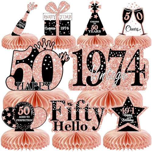 Voxisroma Deko 50. Geburtstag Frauen,9 STK Roségold Rosa Bienenwabe Mittelstück Tischdeko Geburtstag,50 Geburtstag Deko,50 Geburtstag Party Deko Supplies,Geschenke Für Frauen Zum Geburtstag
