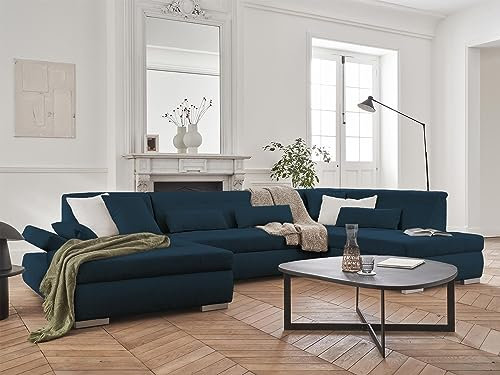Lisa Design - Canapé Panoramique d'angle Convertible - Angle Droit - Vermont en Tissu - Canapé Lit - Grand Sofa XXL Bleu Ardoise 7 Places - Salon