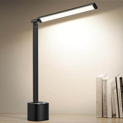 bravzurg Lampe de bureau LED, Lumiere de bureau rechargeable, Graduable, Pliable et pivotante, 5000mAh Lampe de table sans fil pour étudier travail chevet exterieur interieur (Noire)