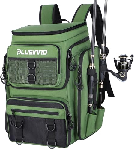 PLUSINNO Zaino per attrezzatura da pesca con porta canne - Verde