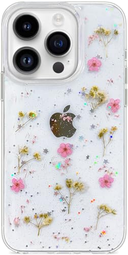 Abbery Handyhülle für iPhone 15 Pro Hülle Durchsichtig Mit Echte Getrocknete Rosa Blumen Motiv Muster Glitzer Sparkle Silikon Frauen Mädchen Stoßfeste Anti-Kratzer Schutzhülle Cover
