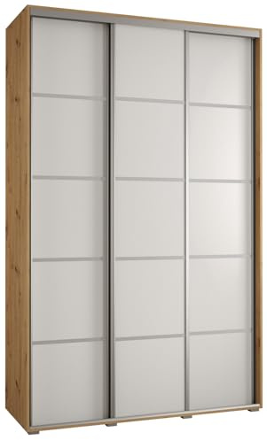 MEBLE KRYSPOL Davos 4 160 Schrank mit DREI Schiebetüren für Schlafzimmer - Moderner Kleiderschrank mit Kleiderstange und Regalen - 235,2x160x45 cm - Artisan Weiß Silber