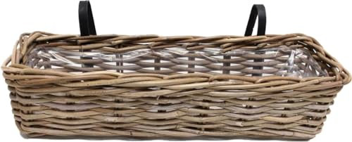 WDMT Rattan-Balkonkasten – Gerade – 60 x 18 x 16 cm – Balkonkorb – Hängende Balkonbox - Balkon Gartenaccessoire - Balkonkästen mit Aufhängung - Balkon Hängetopf - Balkonaccessoire – Grau