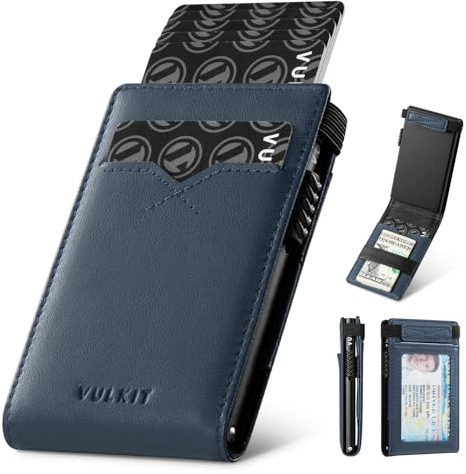 VULKIT Mince Porte Carte de Crédit RFID Bloquant Pop Up Carte Portefeuille Minimaliste Mince Portefeuille avec Fenêtre d'identification Arrière Peut Contenir 8 Cartes